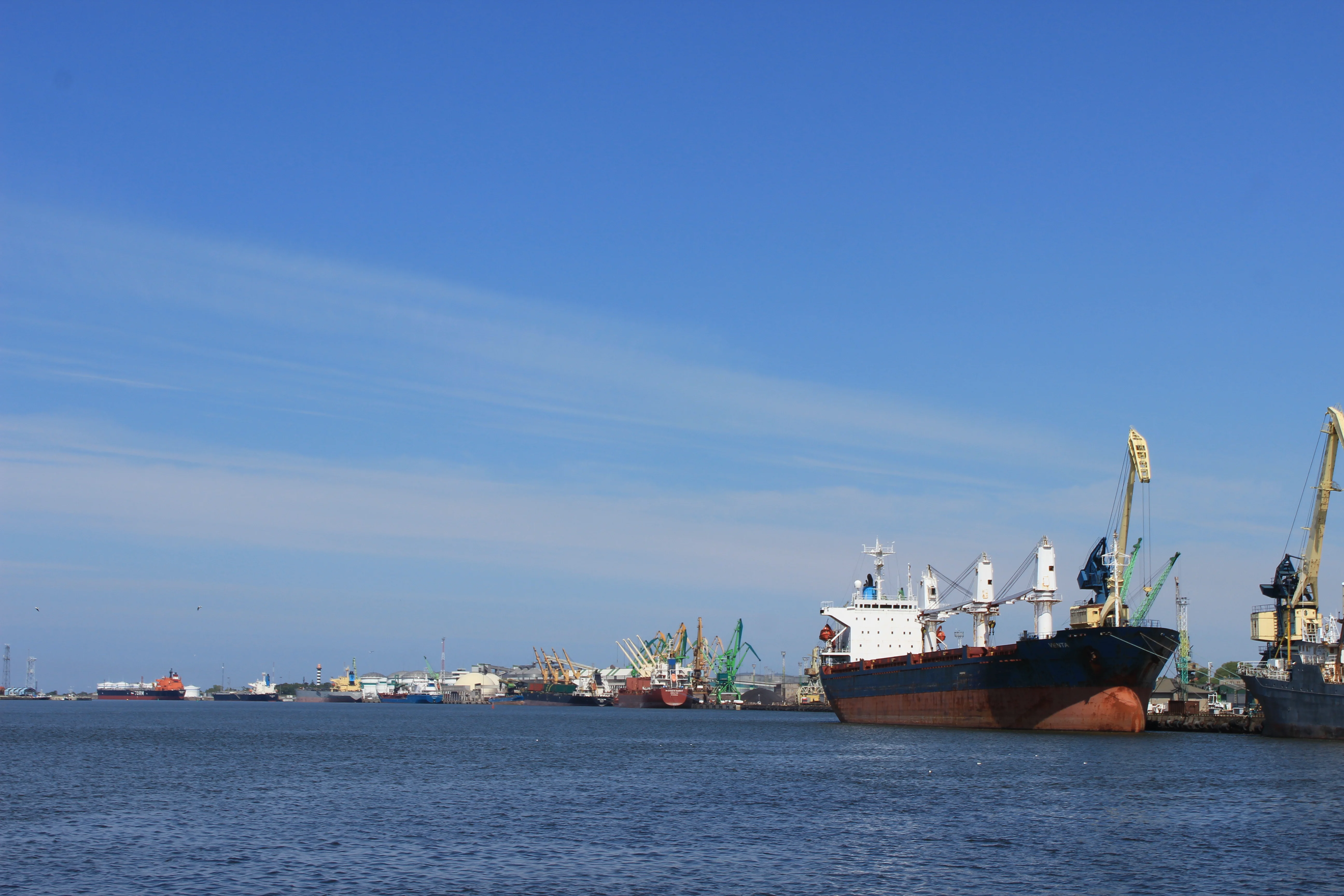 A cargo ship in the harbor of Klaipeda by the Baltic Sea.