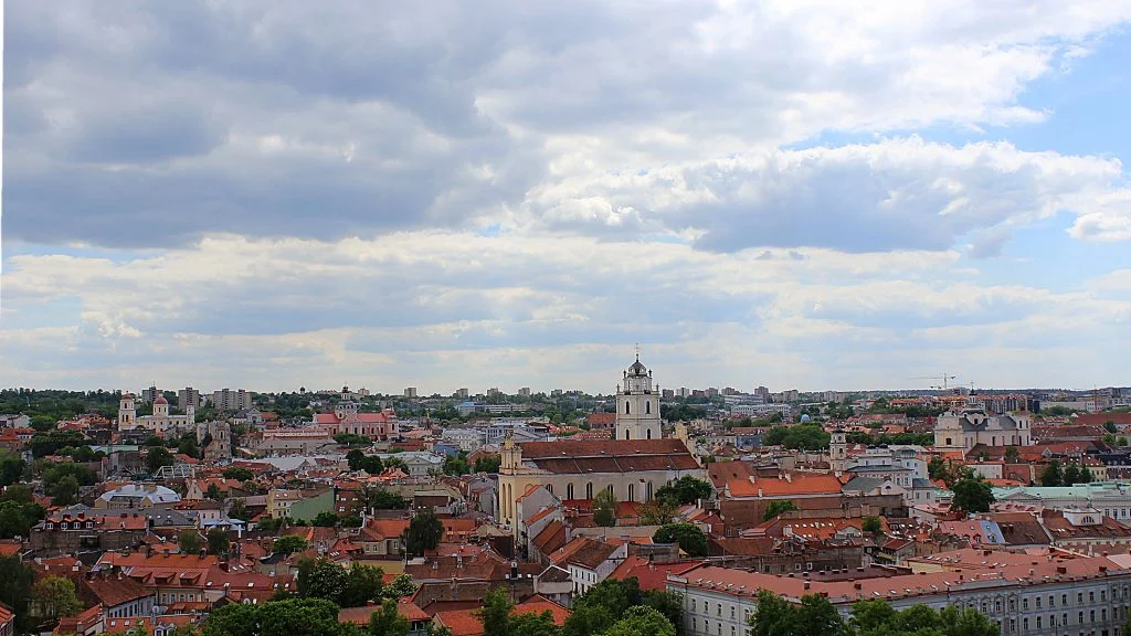 The view from Gediminas Hill to the Old Town of Vilnius. Plenty of old red rooftops.