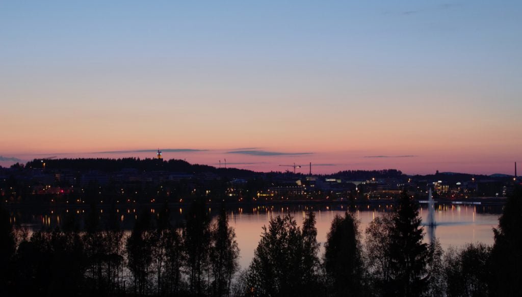 The center of Jyväskylä at night from the other side of Lake Jyväsjärvi.