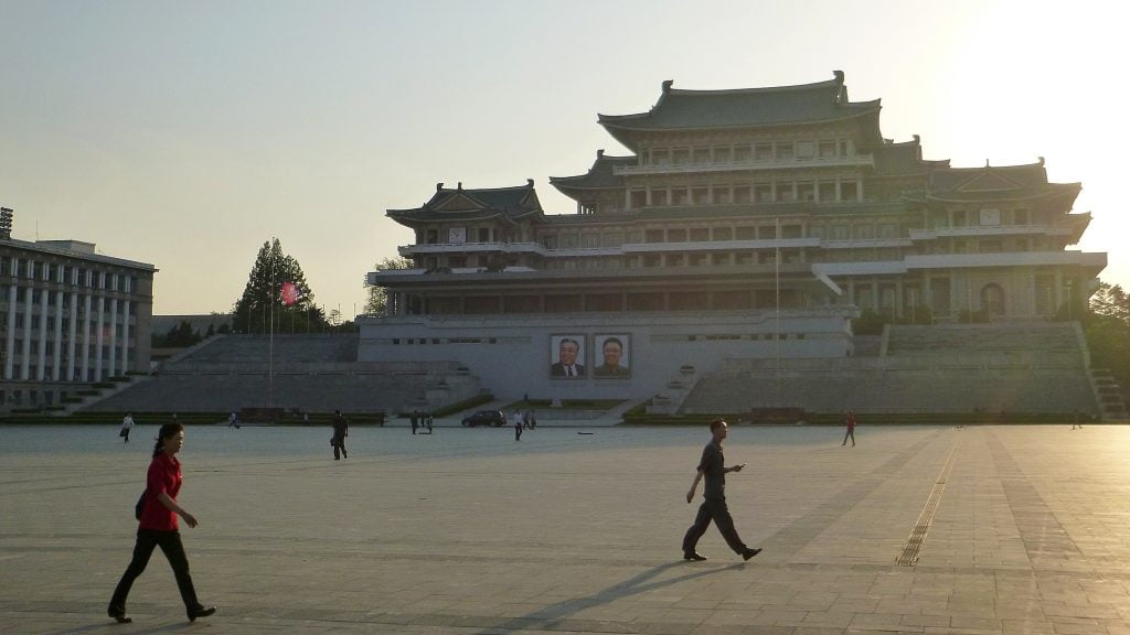 One of the important places in North Korea. Kim Il-sung Square in Pyongyang during sunset.