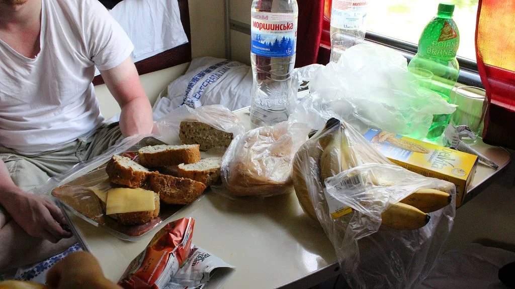 Preparing a meal on a train in Moldova.
