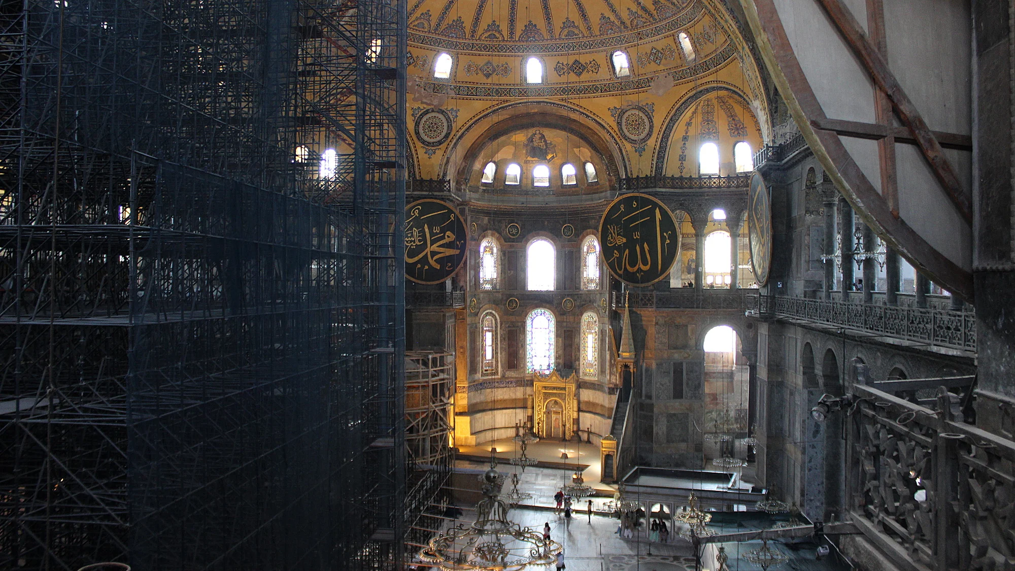 Hagia Sofia interior from balcony under reconstruction.