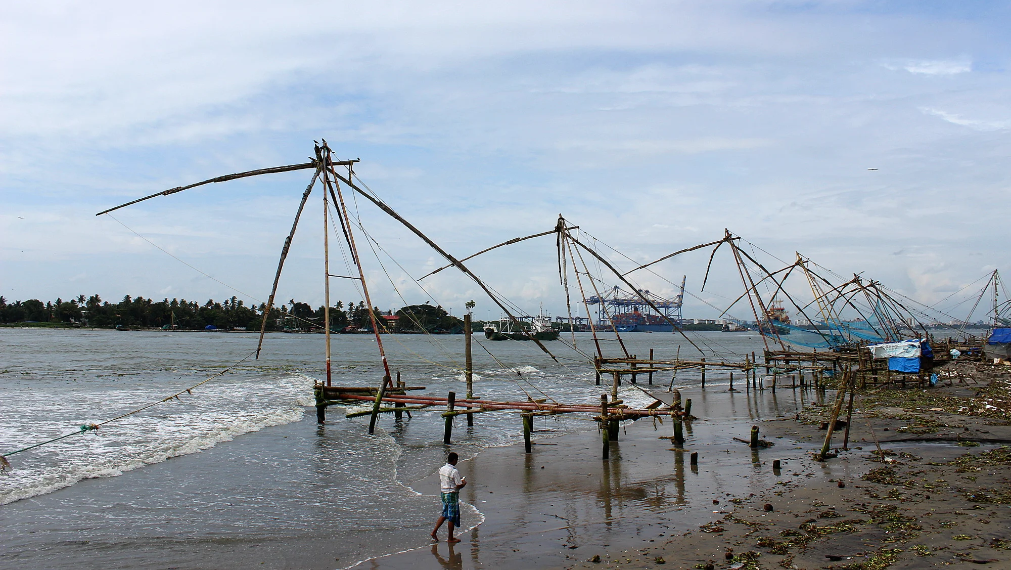 Traditional chinese fishing in Kochi with giant rods lined at the seaside.