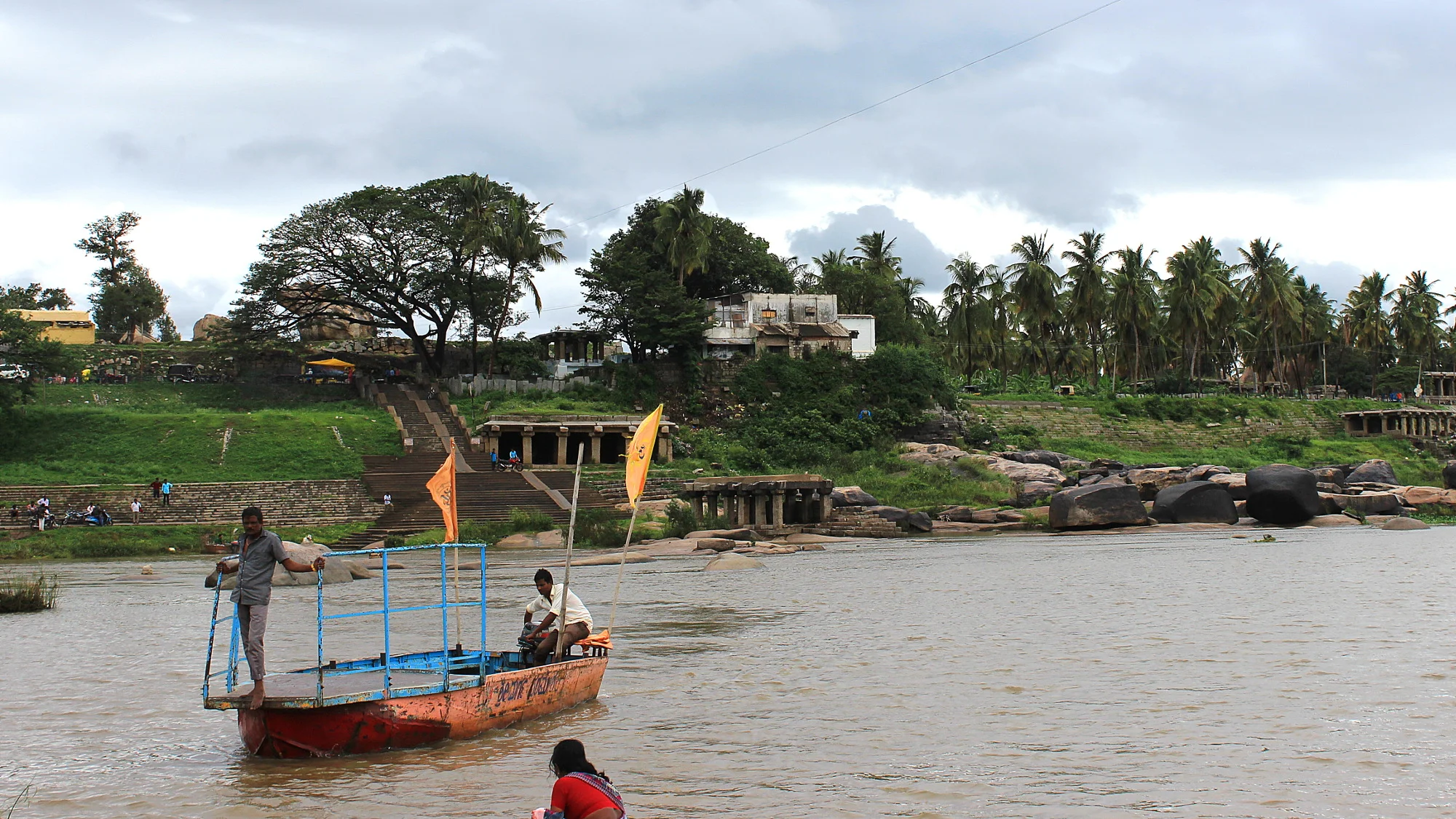 Crossing the Tungabadra River to Virupapur Gaddi on a ferry.
