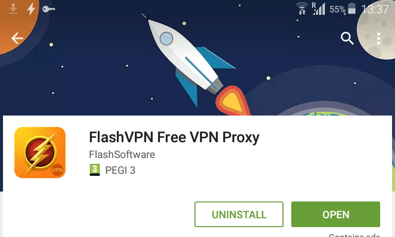 FlashVPN Free VPN Proxy in Google Play Store for Android.