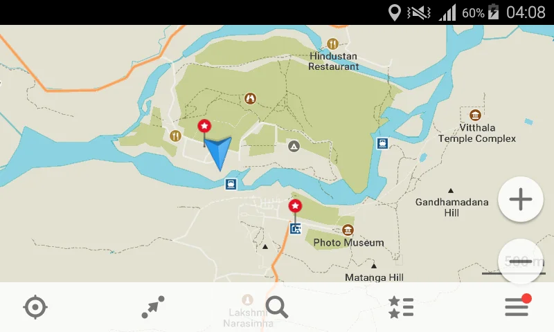 MAPS.ME is a useful Android app for long term travel. Screenshot of the GPS turned on in Hampi, India.