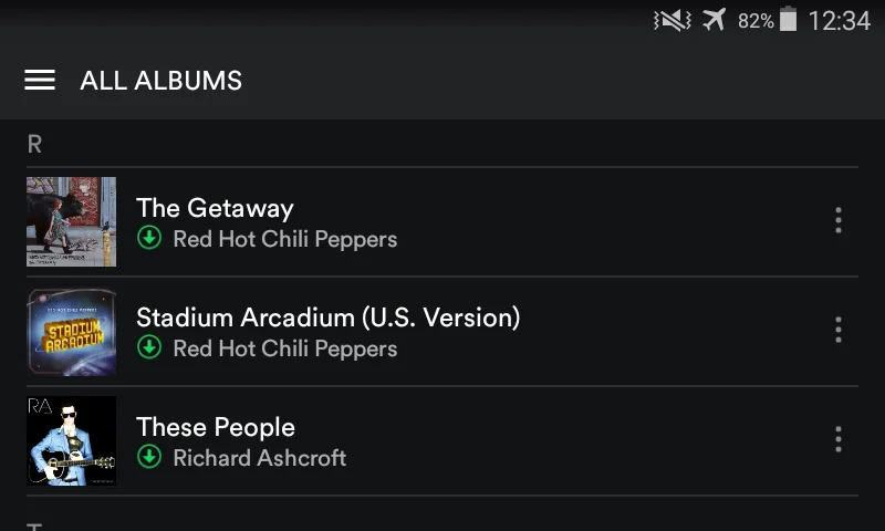 Downloaded Red Hot Chili Peppers and Richard Ashcroft offline albums for Spotify Premium.