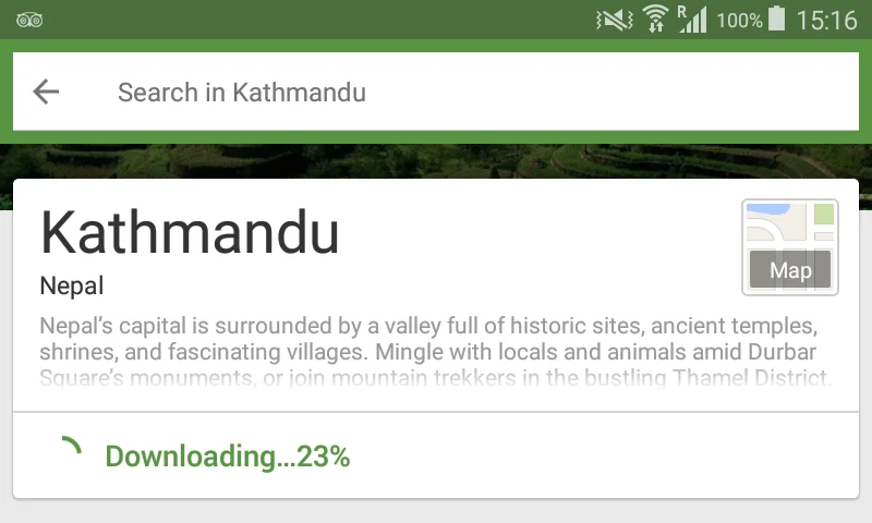 Android apps for travel. Downloading Kathmandu offline area for TripAdvisor application.