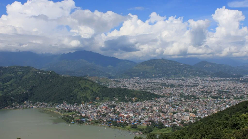 View down on Pokhara from the World Peace Pagoda.