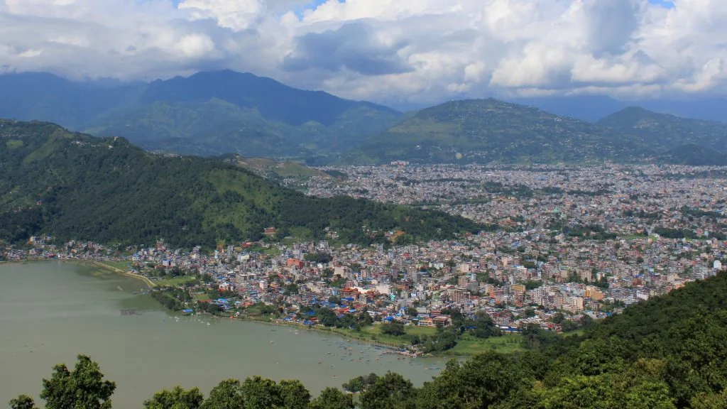 View down to Pokhara from the World Peace Pagoda in 2016. Pokhara after earthquake.