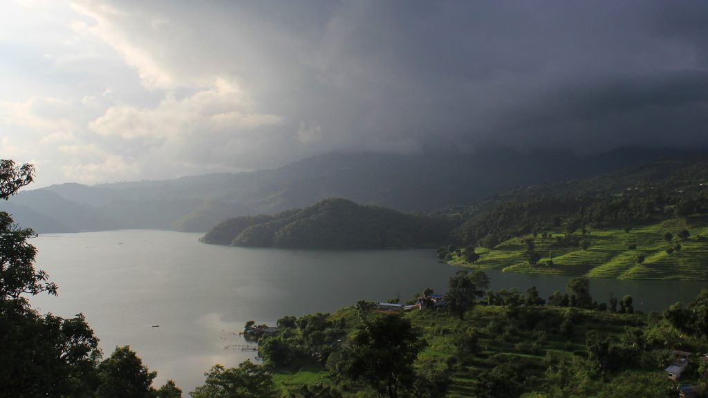A view of the Begnas Lake from the local view tower during sunset.