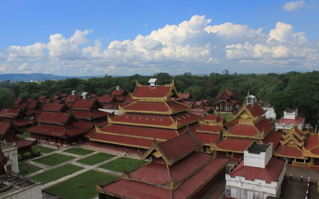 Picture Myanmar. The Hluttaw or Supreme Court in Mandalay Palace and other main buildings of the site from a view tower in the southeast corner of the area.
