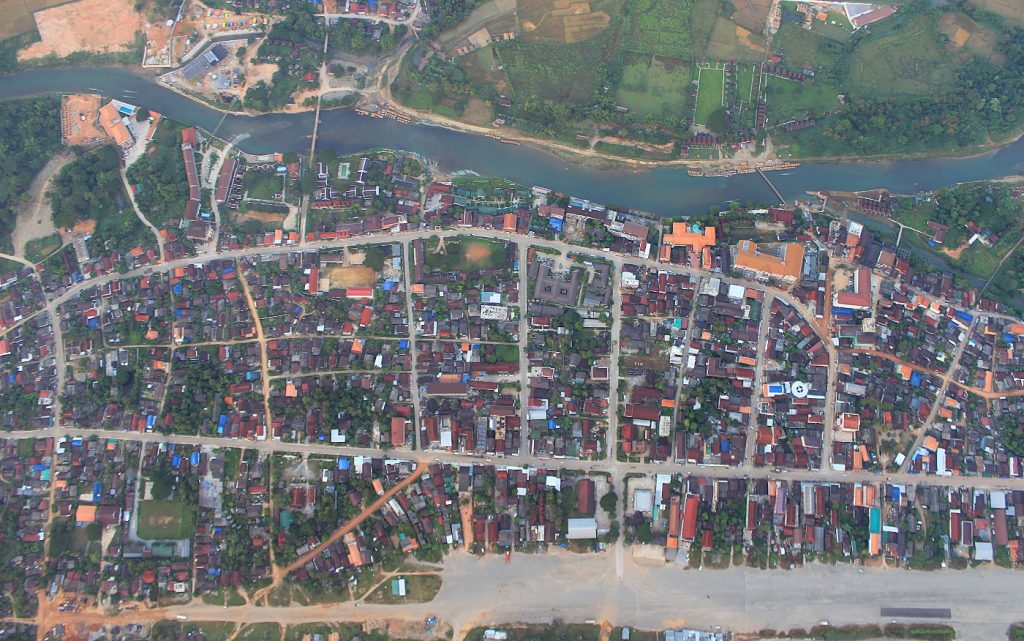 Google Earth in real life. Hot air balloon view of Vang Vien, Laos directly from above.