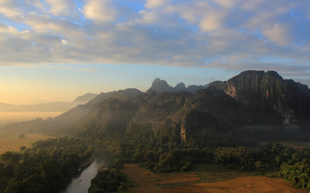 The hills near Vang Vieng during sunrise.