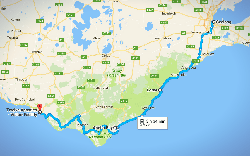 The route from Geelong to the Twelve Apostles.