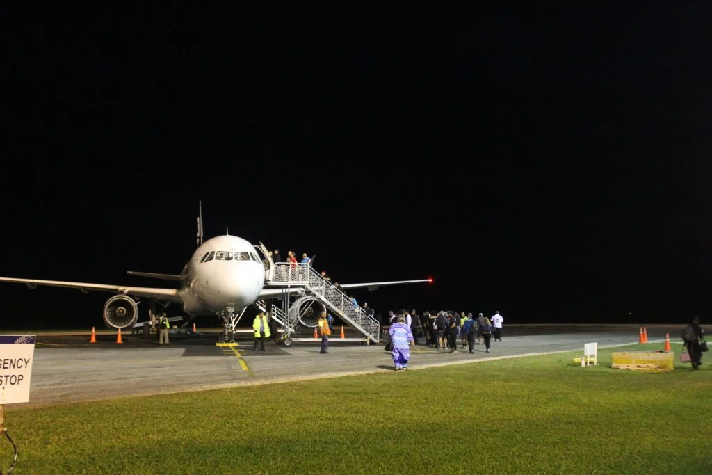 An Air New Zealand plane leaving Nuku'alofa airport in Tonga.