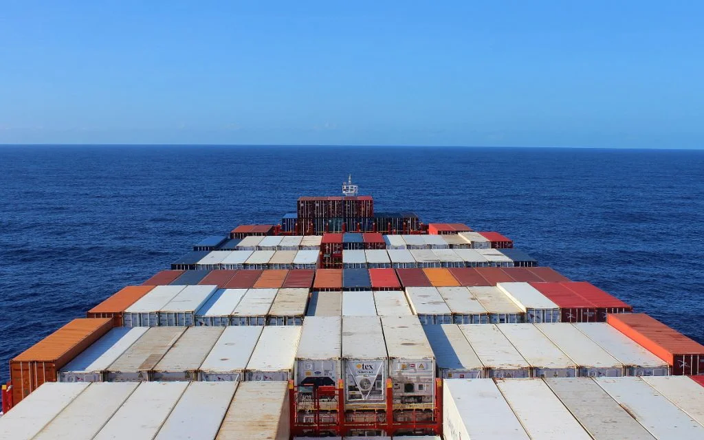 View from a cargo ship cabin. Cargo ship travel across the Pacific Ocean.