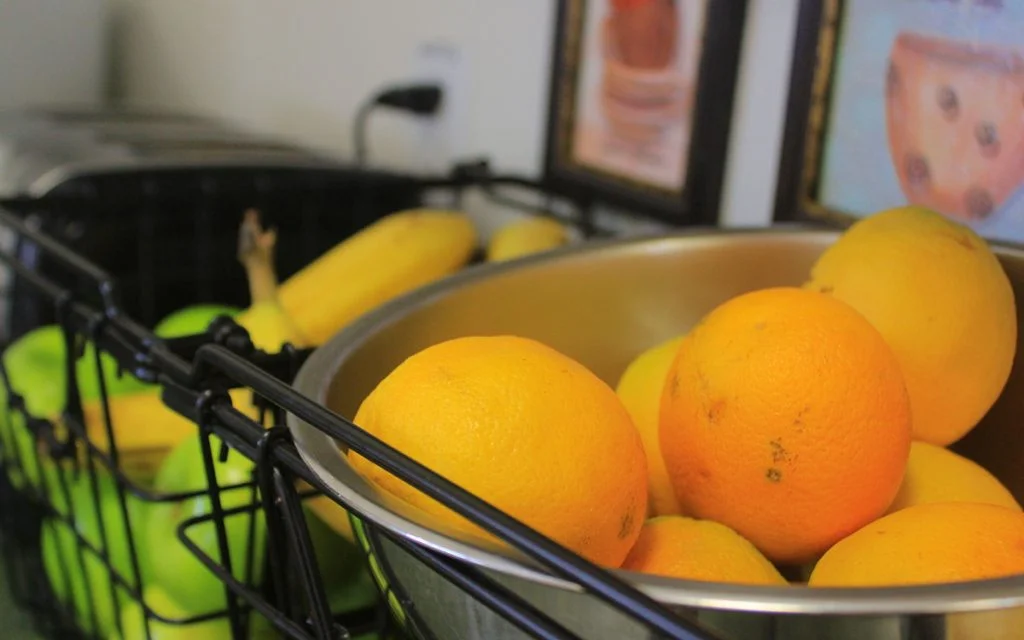 Oranges and other fruits in a jar at Gleanings for the Hungry dining hall.
