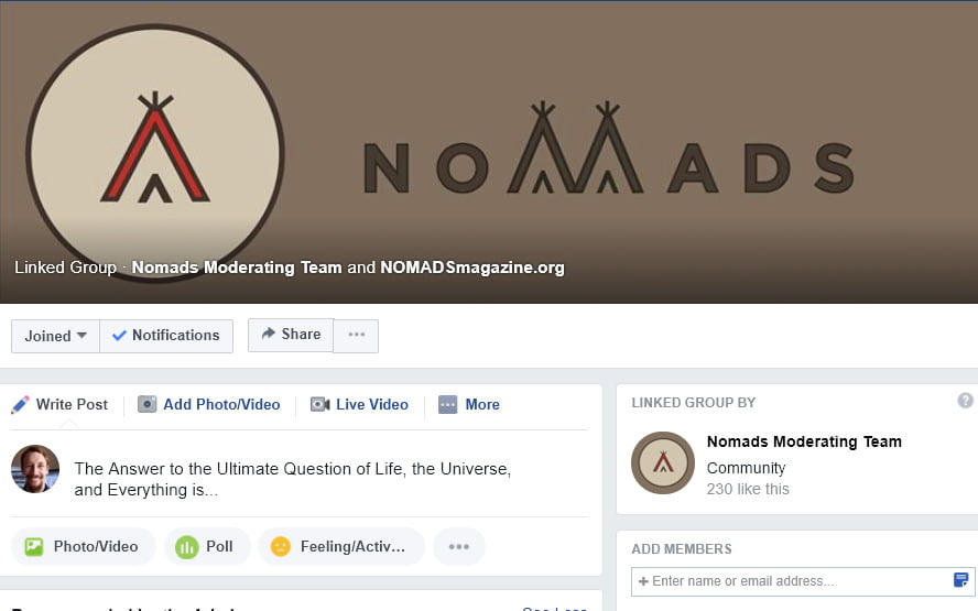 Screenshot from NOMADS - a life of alternative travel Facebook group
