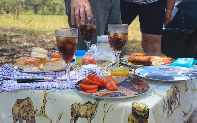 South African picnic table with glasses, plates and food outdoors.
