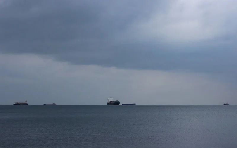 Cargo ships outside Thessaloniki on the horizon