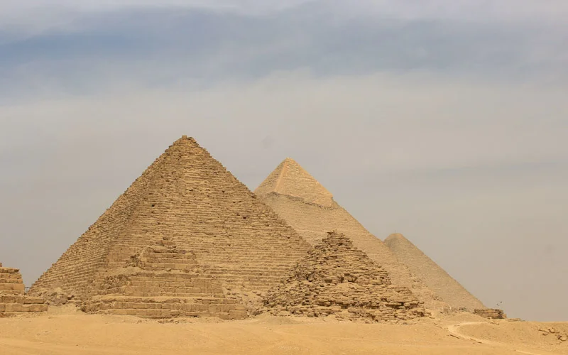 Giza pyramid complex alignment from the dunes. The second year of my trip around the world.