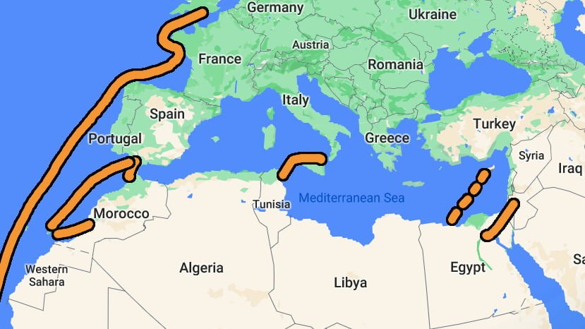 Flightless travel routes from Europe to Africa