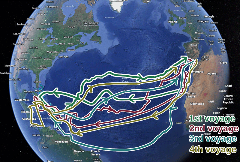 The Sailing routes of Christopher Columbus. How many times did Columbus cross the Atlantic?