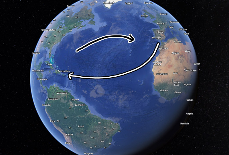Sailing routes across the Atlantic