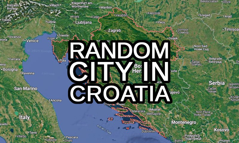 Random City in Croatia headline with a map of Portugal and some towns like Zagrep and Pula visible in the background