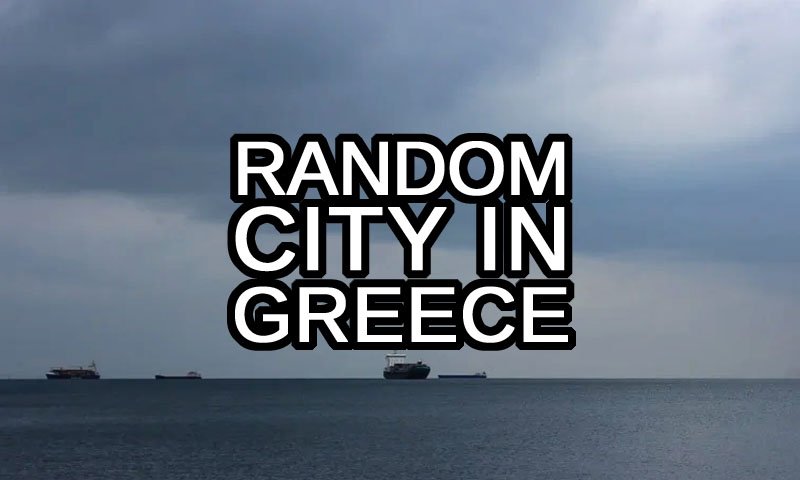 Random City in Greece text with cargo ships outside Thessaloniki in the background