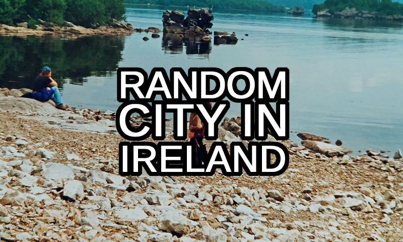 Random Town in Ireland text with a childhood beach photo from 2000 in the background