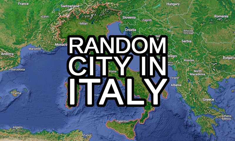 Random city in Italy text with towns lke Milan, Rome and Palermo visible on the map in the background