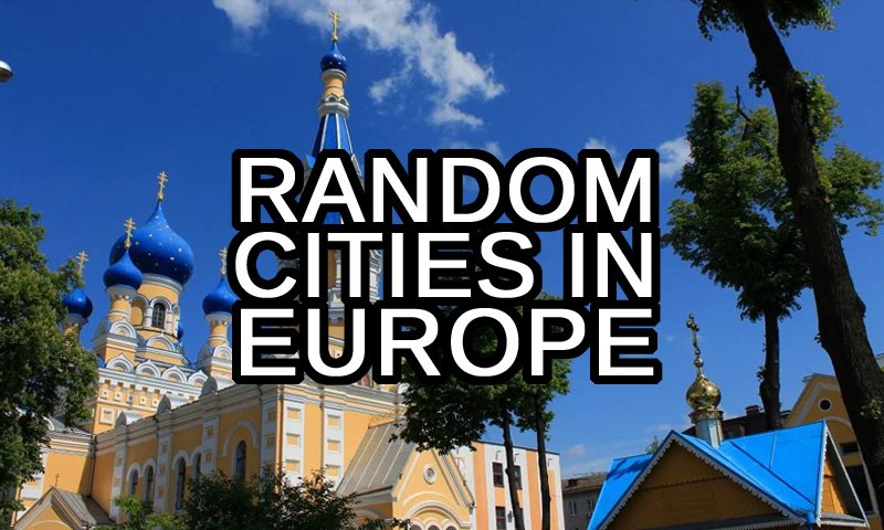 random places in european countries text with a church in Brest, Belarus in the background