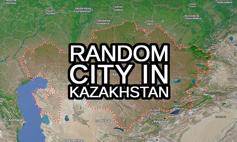 Random city in Kazakhstan text with the map of the country with some towns and cities in the background