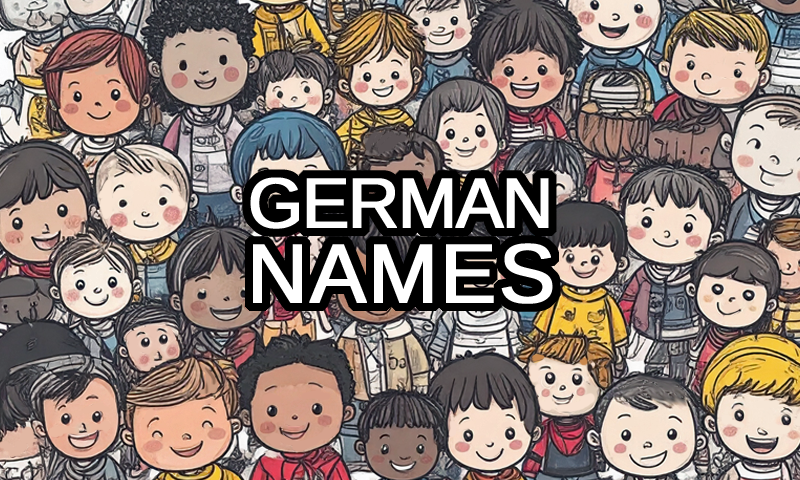 Random German names logo with a drawing of boys and girls from Germany in the background